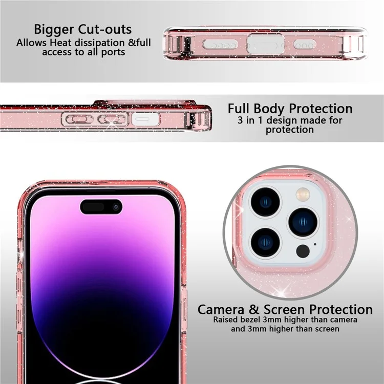 GW18 Per iPhone 14 Pro Max Glitter Powder Transparent TPU Case Anti-Scratch Anti-drop Phone Back Cover - Transparent Pink