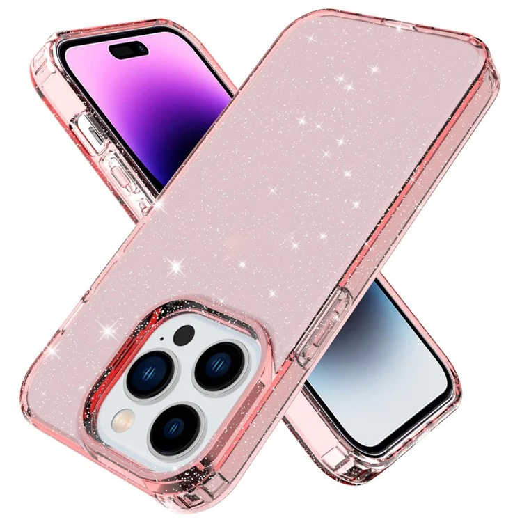 GW18 Per iPhone 14 Pro Max Glitter Powder Transparent TPU Case Anti-Scratch Anti-drop Phone Back Cover - Transparent Pink