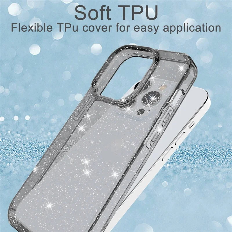 GW18 Für iPhone 14 Pro Glitterpulver-Dekor Transparenter TPU-Hülle Telefonabsturzsicher Kratzfest Cover - Transparentes Schwarz