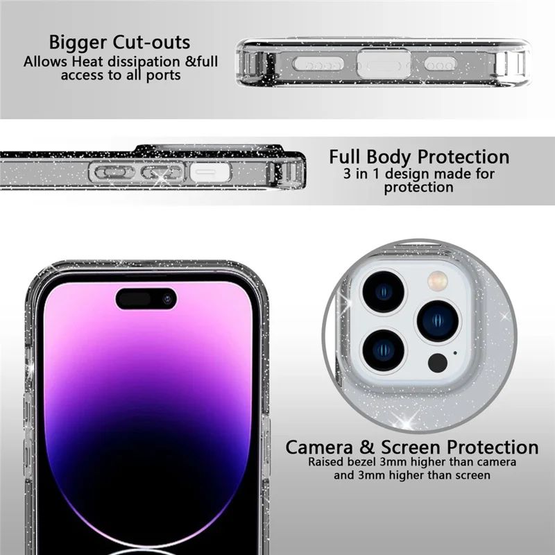 GW18 Für iPhone 14 Pro Glitterpulver-Dekor Transparenter TPU-Hülle Telefonabsturzsicher Kratzfest Cover - Transparentes Schwarz