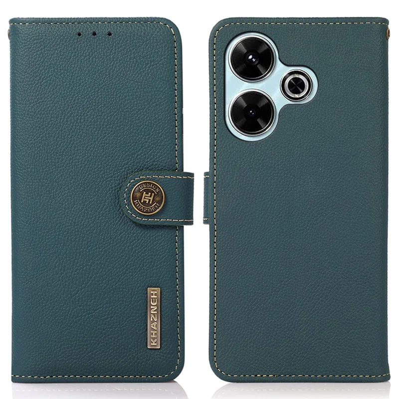 KHAZNEH For Xiaomi Redmi 13 5G / 13 4G Case Genuine Cow Leather RFID Blocking Wallet Phone Cover - Green