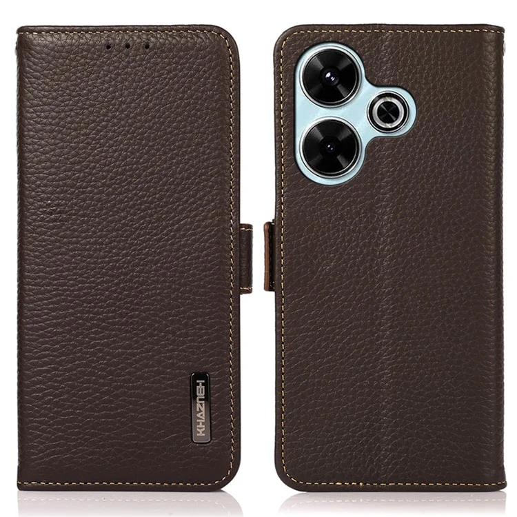 KHAZNEH Para Xiaomi Redmi 13 5G / 13 4G Caso de Bloqueio RFID Couro de Vaca Genuíno Flip Phone Cover - Marrom