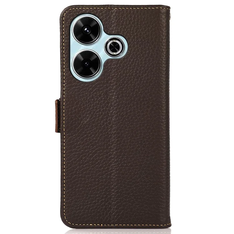 KHAZNEH Para Xiaomi Redmi 13 5G / 13 4G Caso de Bloqueio RFID Couro de Vaca Genuíno Flip Phone Cover - Marrom