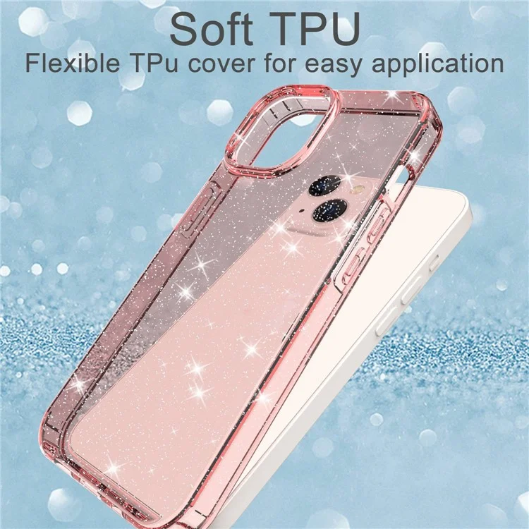GW18 For iPhone 14 Transparent Glitter Powder Anti-Scratch Soft TPU Case Phone Back Cover - Transparent Pink