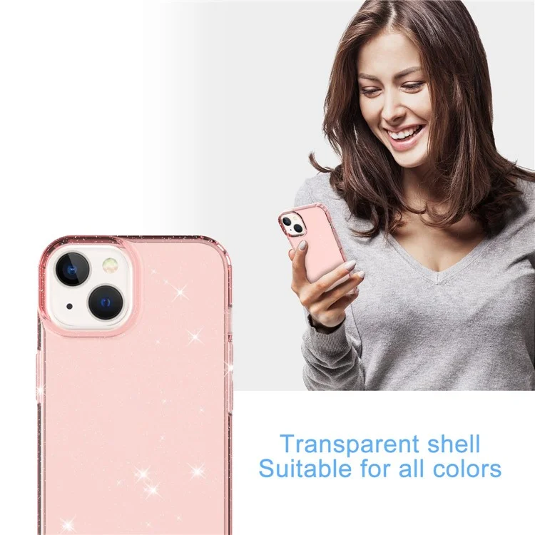 GW18 For iPhone 14 Transparent Glitter Powder Anti-Scratch Soft TPU Case Phone Back Cover - Transparent Pink