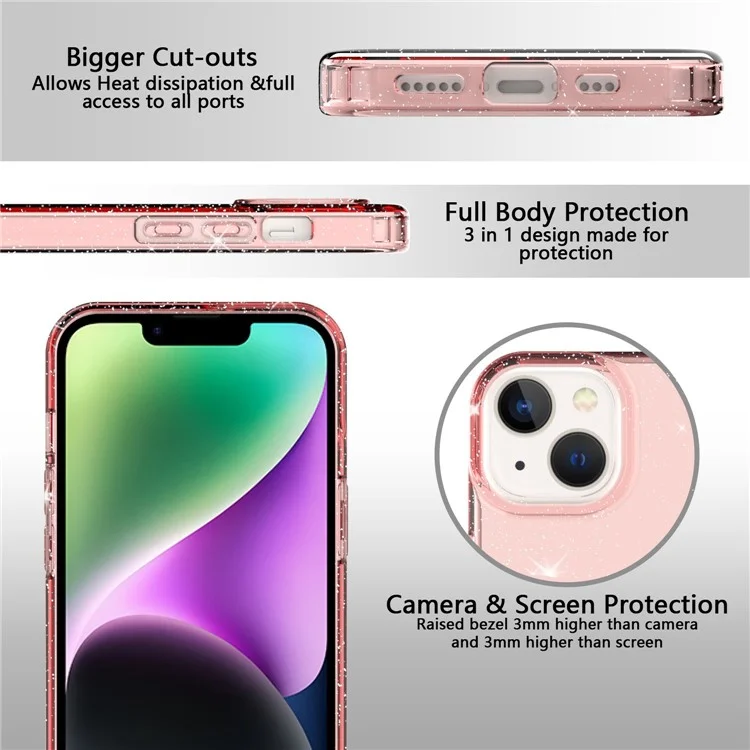 GW18 For iPhone 14 Transparent Glitter Powder Anti-Scratch Soft TPU Case Phone Back Cover - Transparent Pink