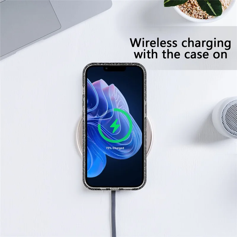 GW18 för iPhone 14 Transparent Glitterpulver Skärmskyddande Mjuk TPU Hölje - Transparent Svart