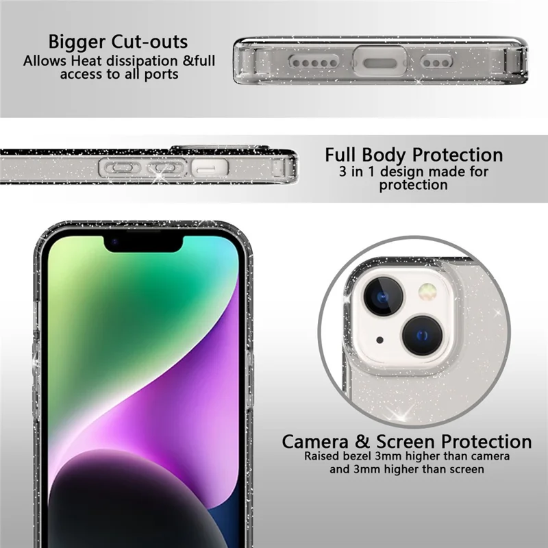 GW18 för iPhone 14 Transparent Glitterpulver Skärmskyddande Mjuk TPU Hölje - Transparent Svart