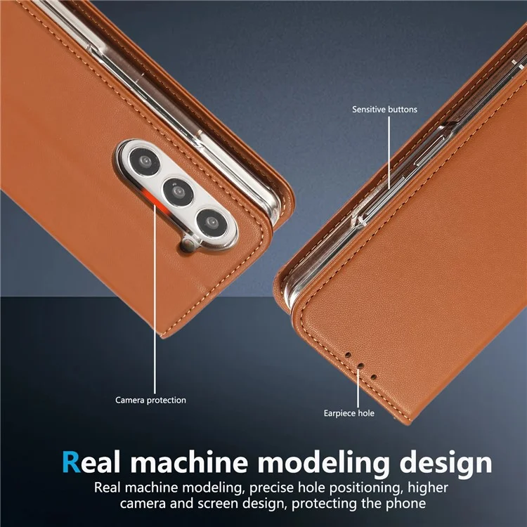 ABEEL pour Samsung Galaxy Z Fold5 5G Étui de support RFID Blocking Leather Phone Cover - Brun