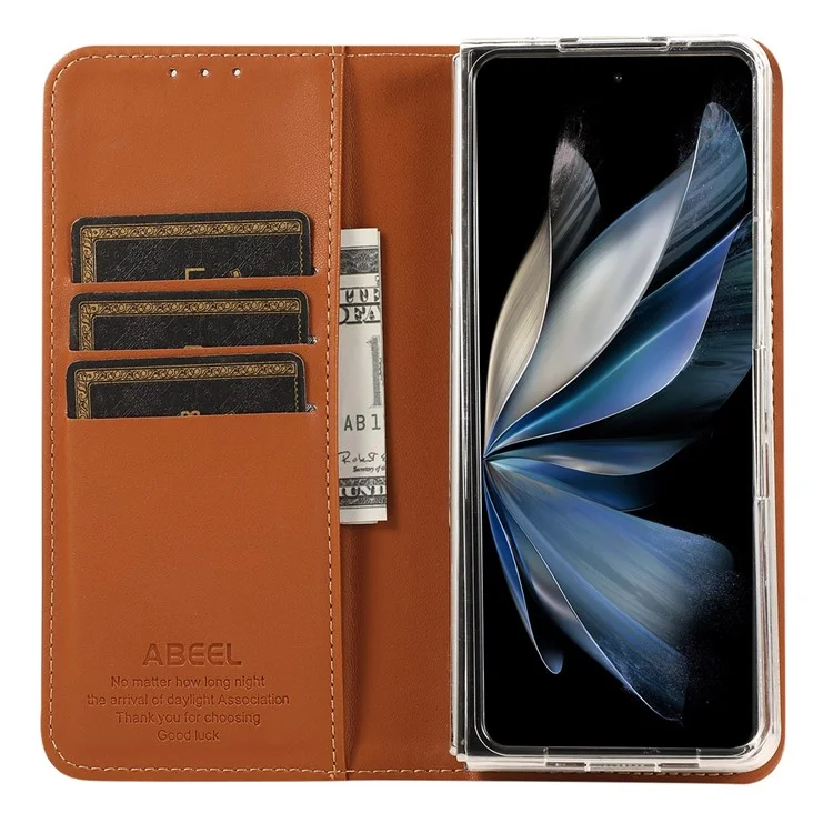 ABEEL pour Samsung Galaxy Z Fold5 5G Étui de support RFID Blocking Leather Phone Cover - Brun