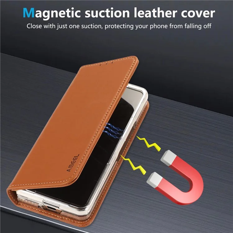 ABEEL pour Samsung Galaxy Z Fold5 5G Étui de support RFID Blocking Leather Phone Cover - Brun