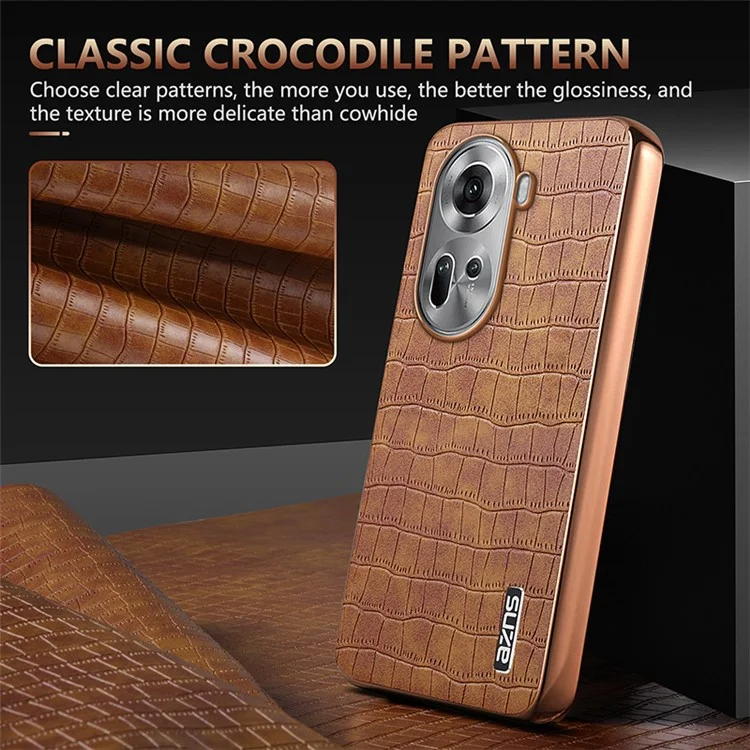 AZNS For Oppo Reno11 5G (Global) Case PU+TPU Phone Cover Electroplating Crocodile Texture - Brown