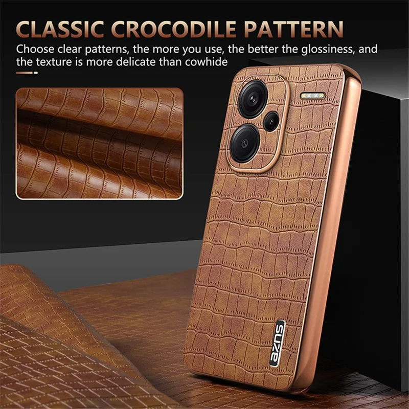 AZNS For Xiaomi Redmi Note 13 Pro+ 5G Electroplating Case Textured PU+TPU Phone Cover - Brown