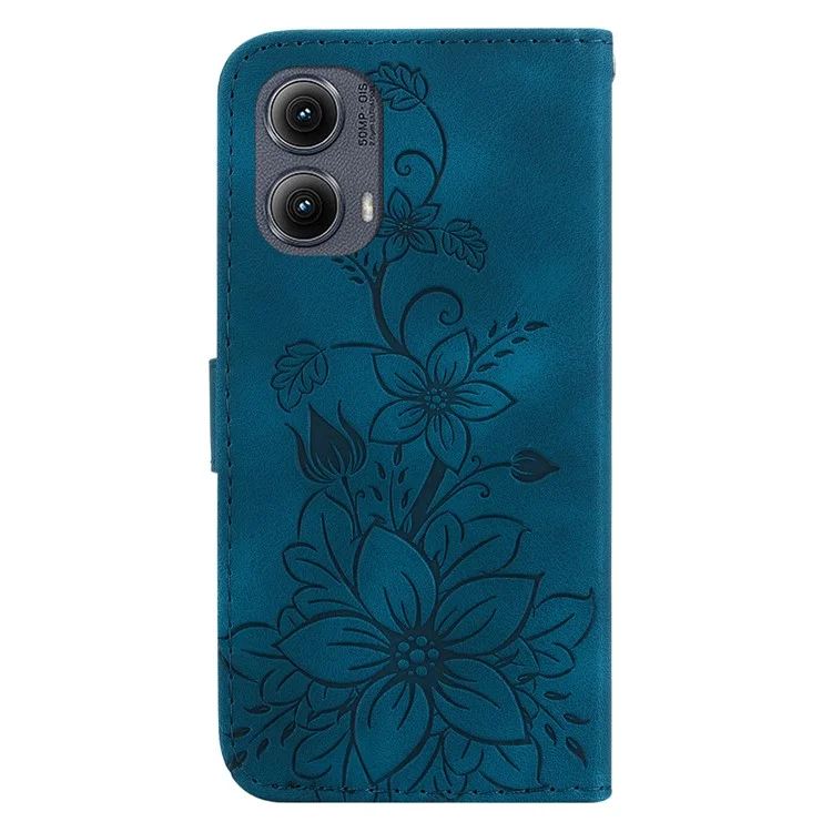 Für Motorola Edge (2024) 5G Ständer-Hülle Lilien-Blumen-Prägung Leder Handyhülle - Dunkelblau