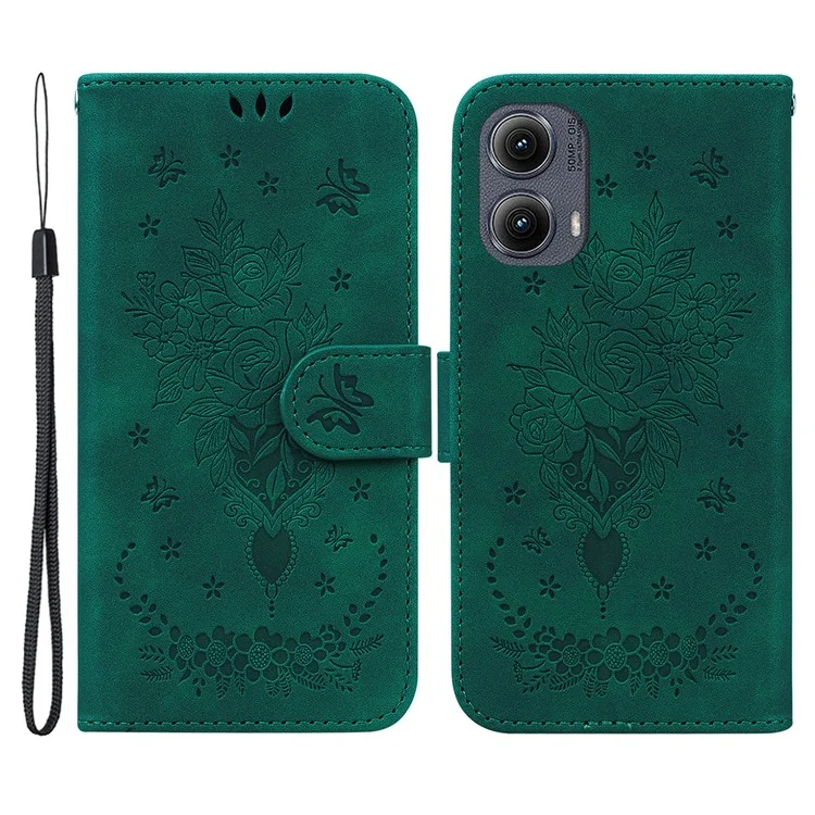 Für Motorola Edge (2024) 5G Wallet Case PU Leder Handyhülle Schmetterling Blumen Prägung - Grün