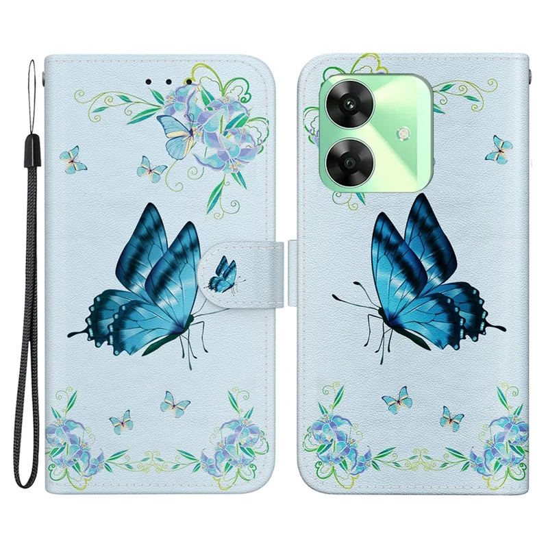 Para Realme C63 4G / C61 4G / Narzo N63 4G Funda Billetera Estampado de Patrones Funda de Teléfono de Cuero - Flor Azul de Mariposa