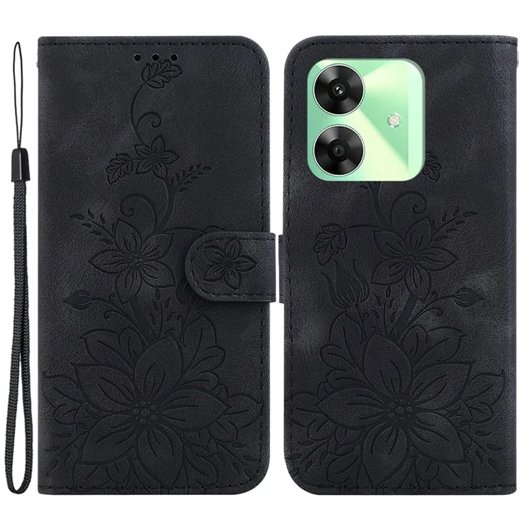 Para Realme C63 4G / C61 4G / Narzo N63 4G Capa de Suporte Lily Flower Imprint Leather Phone Cover - Preto