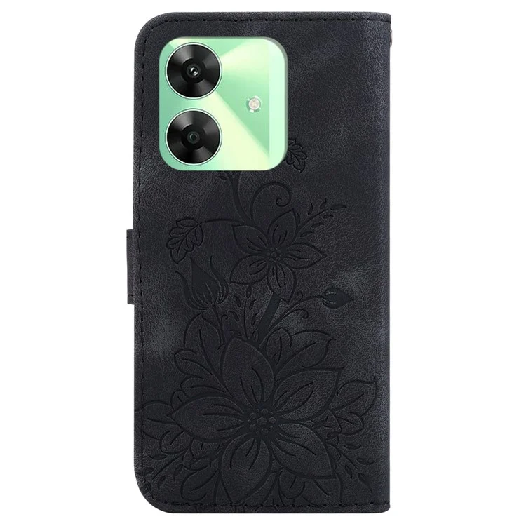 Para Realme C63 4G / C61 4G / Narzo N63 4G Capa de Suporte Lily Flower Imprint Leather Phone Cover - Preto