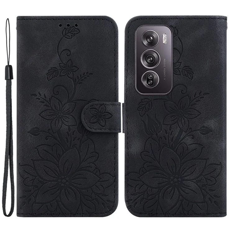 Per Oppo Reno12 Pro 5G (Global) Stand Case Lily Flower Imprint Leather Phone Cover - Nero