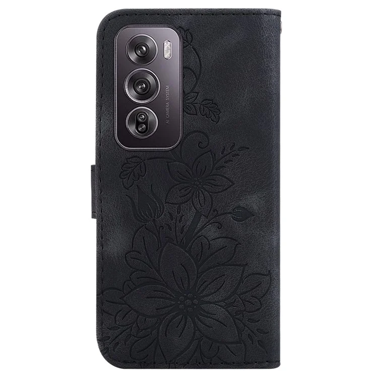 Per Oppo Reno12 Pro 5G (Global) Stand Case Lily Flower Imprint Leather Phone Cover - Nero