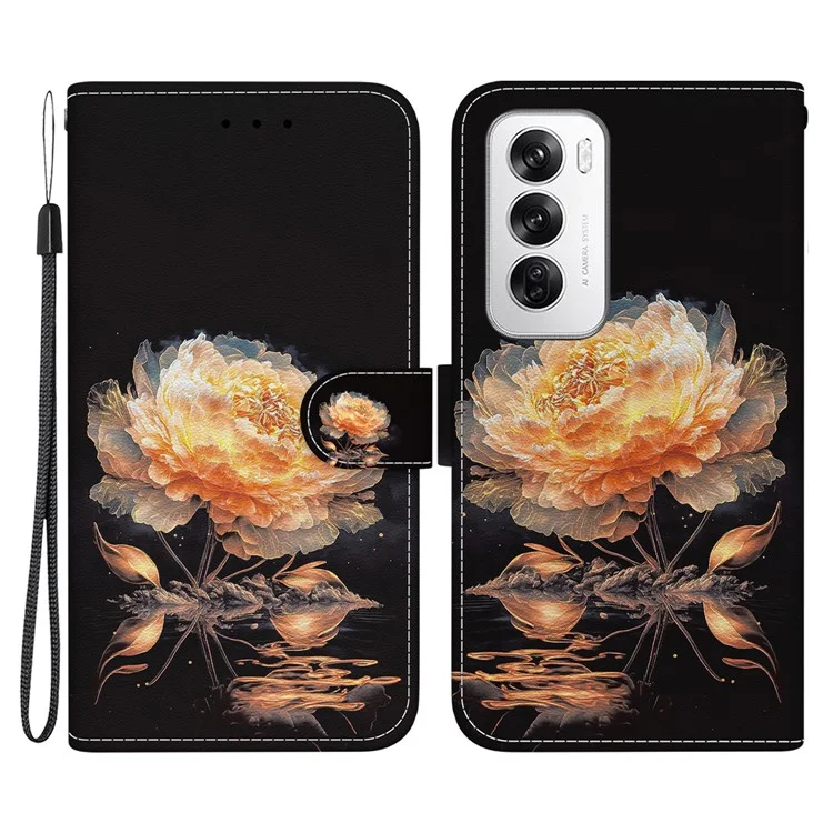 For Oppo Reno12 5G (Global) Case Leather Wallet Phone Cover Pattern Printing - Gold Peony