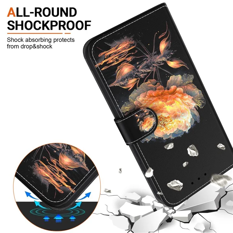 For Oppo Reno12 5G (Global) Case Leather Wallet Phone Cover Pattern Printing - Gold Peony