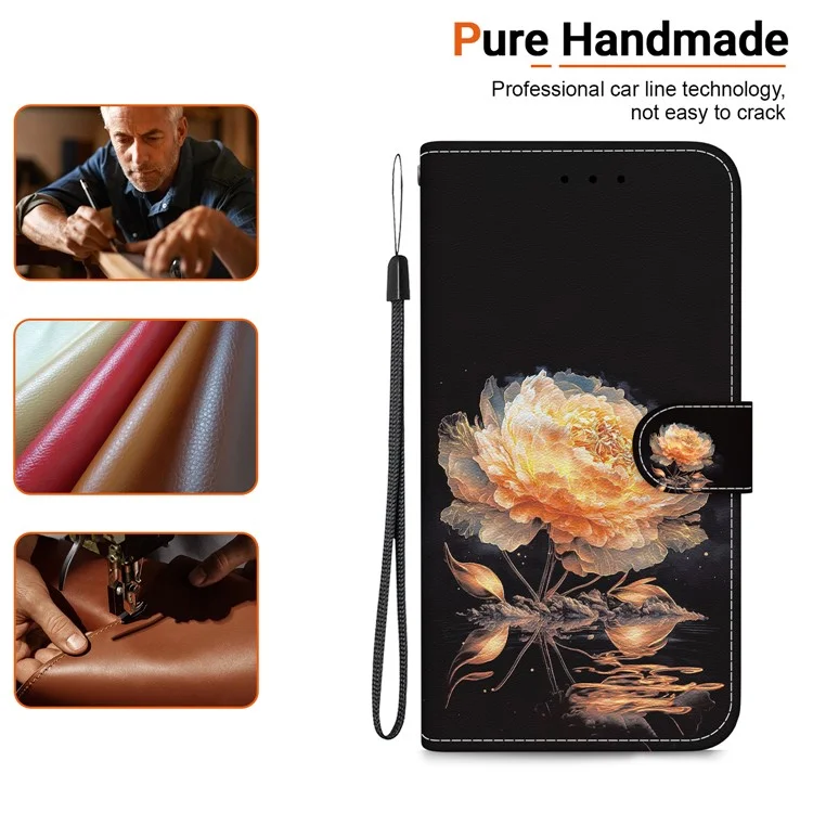 For Oppo Reno12 5G (Global) Case Leather Wallet Phone Cover Pattern Printing - Gold Peony