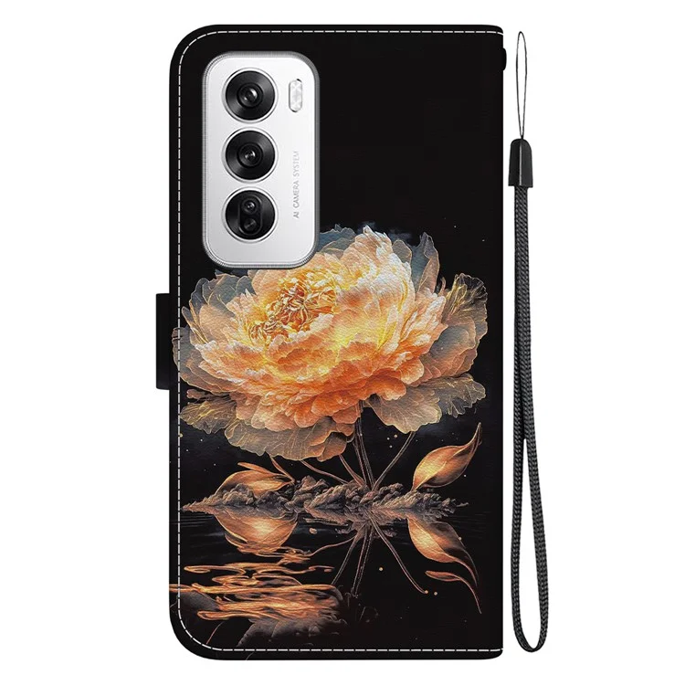 For Oppo Reno12 5G (Global) Case Leather Wallet Phone Cover Pattern Printing - Gold Peony