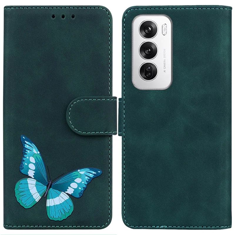 For Oppo Reno12 5G (Global) Case Butterfly Printed PU Leather Stand Phone Cover - Green