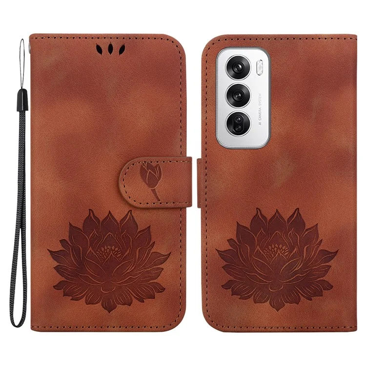 Для Oppo Reno12 5G (Global) Wallet Case Lotus Imprint Leather Stand Phone Cover - Brown