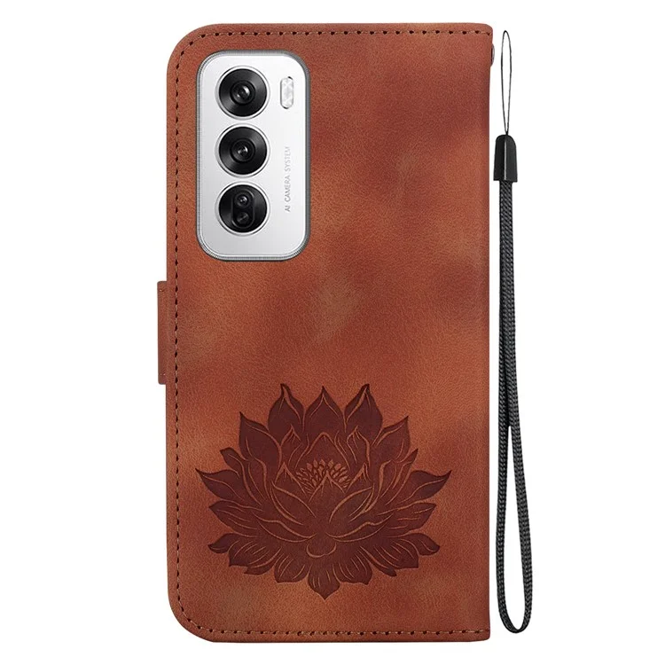 Для Oppo Reno12 5G (Global) Wallet Case Lotus Imprint Leather Stand Phone Cover - Brown