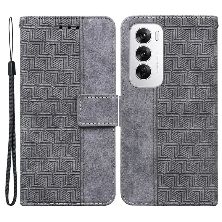 Para Oppo Reno12 5G (Global) Wallet Phone Case Geometry Pattern Leather Flip Cover - Cinza