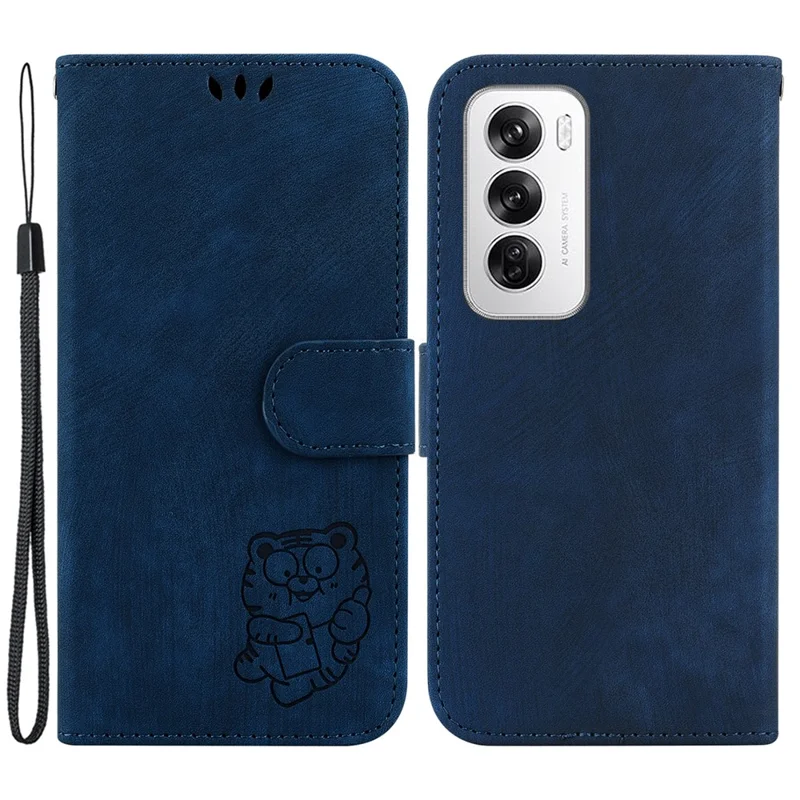 Para Oppo Reno12 5G (Global) Capa Cute Tiger Imprint Leather Wallet Phone Cover - Azul Escuro