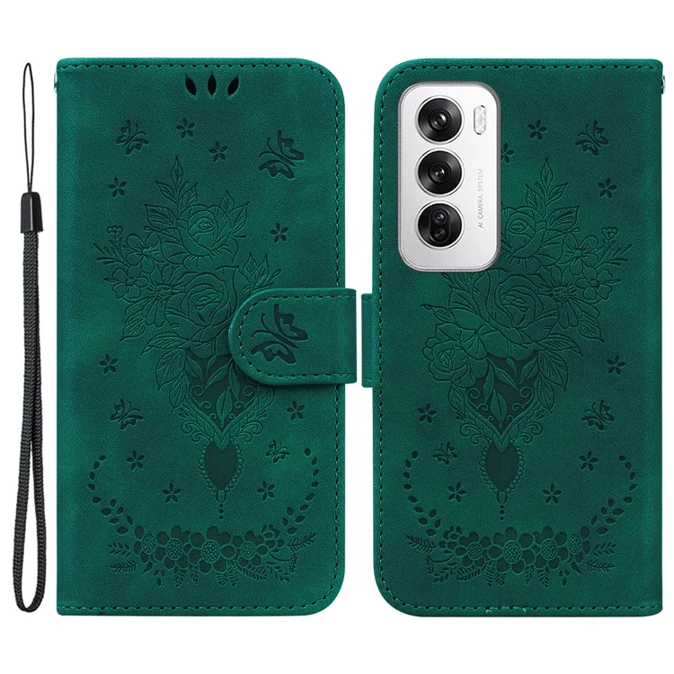 For Oppo Reno12 5G (Global) Wallet Phone Case Butterfly Flower Imprint PU Leather Cover - Green
