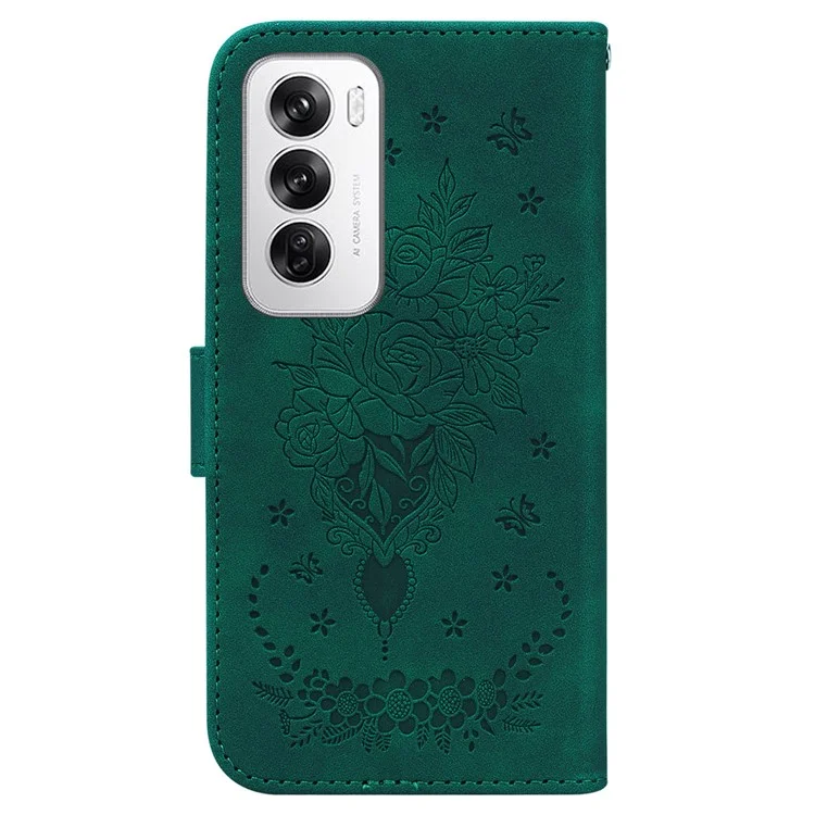 For Oppo Reno12 5G (Global) Wallet Phone Case Butterfly Flower Imprint PU Leather Cover - Green