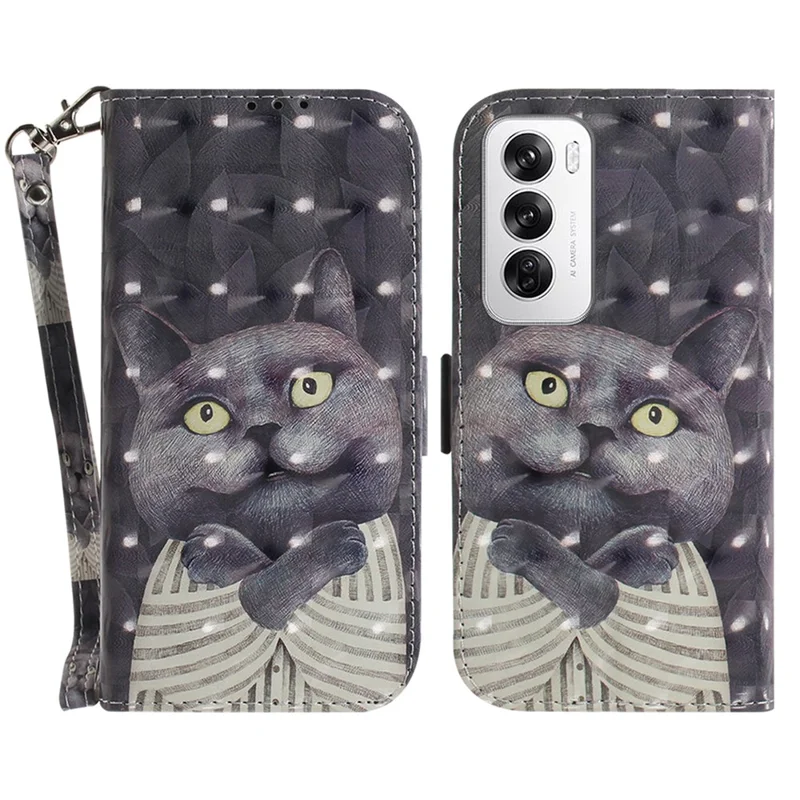 For Oppo Reno12 5G (Global) Case Leather Wallet Phone Cover 3D Pattern Print - Embracing Cat