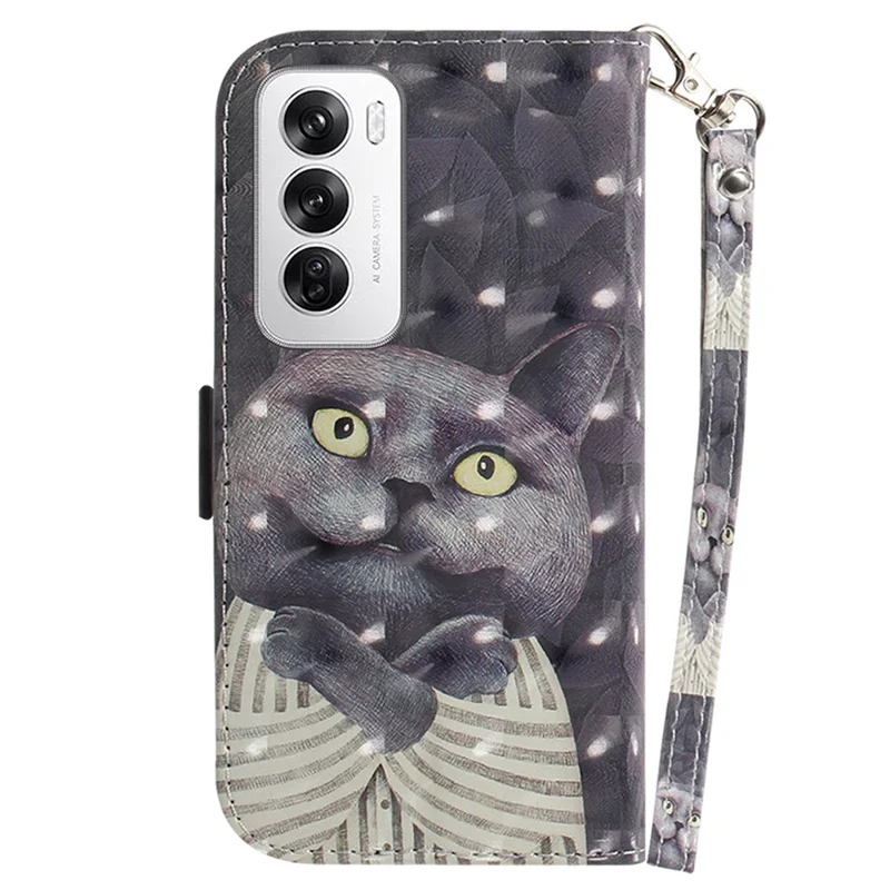 For Oppo Reno12 5G (Global) Case Leather Wallet Phone Cover 3D Pattern Print - Embracing Cat