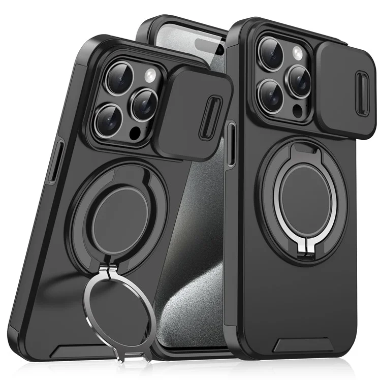 For iPhone 16 Pro Max Magnetic Case Kickstand TPU+PC Phone Case with Camera Lens Slide Cover - Black