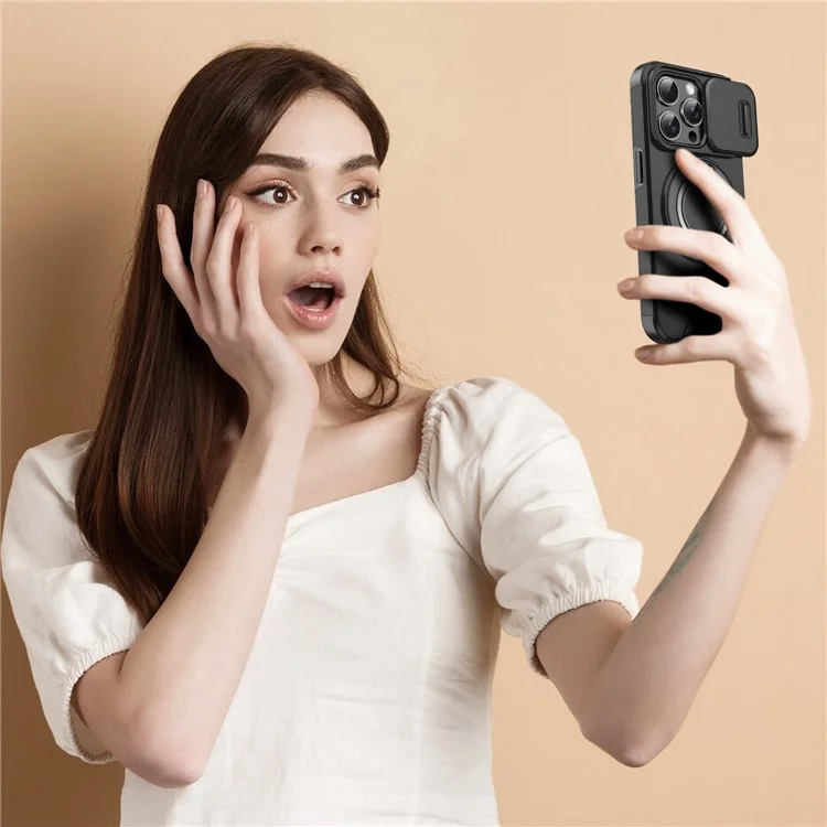 For iPhone 16 Pro Max Magnetic Case Kickstand TPU+PC Phone Case with Camera Lens Slide Cover - Black