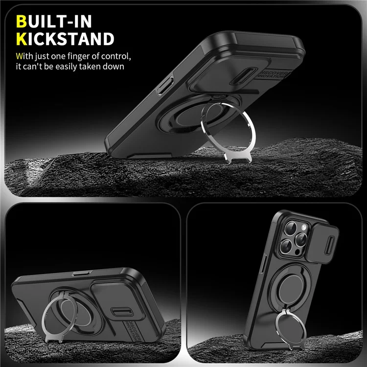 For iPhone 16 Pro Max Magnetic Case Kickstand TPU+PC Phone Case with Camera Lens Slide Cover - Black