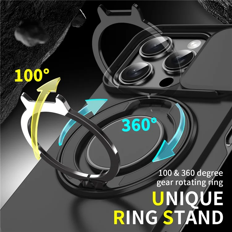 For iPhone 16 Pro Max Magnetic Case Kickstand TPU+PC Phone Case with Camera Lens Slide Cover - Black