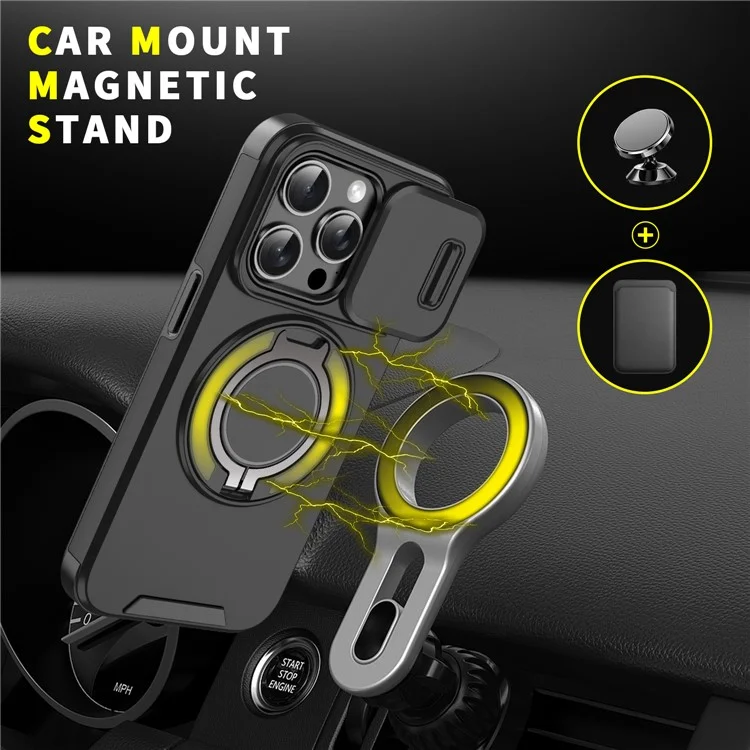 For iPhone 16 Pro Max Magnetic Case Kickstand TPU+PC Phone Case with Camera Lens Slide Cover - Black