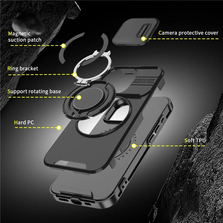 For iPhone 16 Pro Max Magnetic Case Kickstand TPU+PC Phone Case with Camera Lens Slide Cover - Black