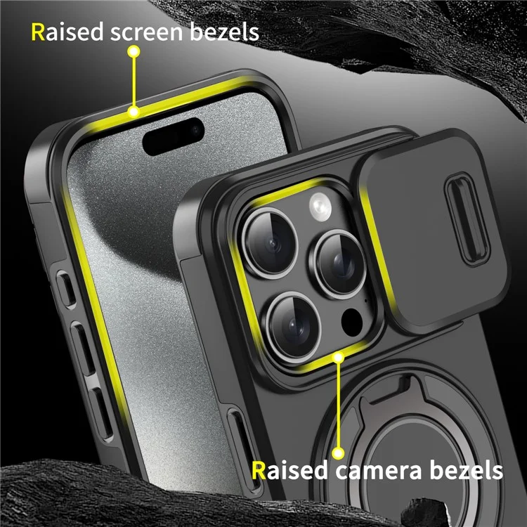 For iPhone 16 Pro Max Magnetic Case Kickstand TPU+PC Phone Case with Camera Lens Slide Cover - Black