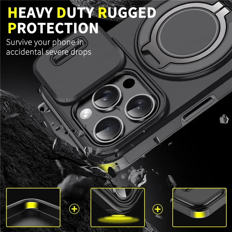 For iPhone 16 Pro Max Magnetic Case Kickstand TPU+PC Phone Case with Camera Lens Slide Cover - Black