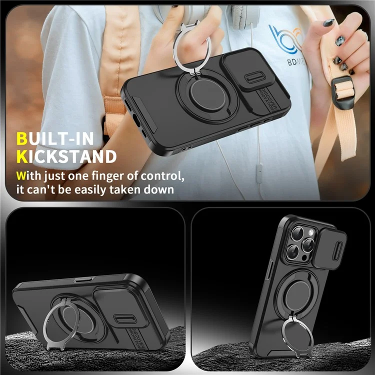 For iPhone 16 Pro Max Magnetic Case Kickstand TPU+PC Phone Case with Camera Lens Slide Cover - Black