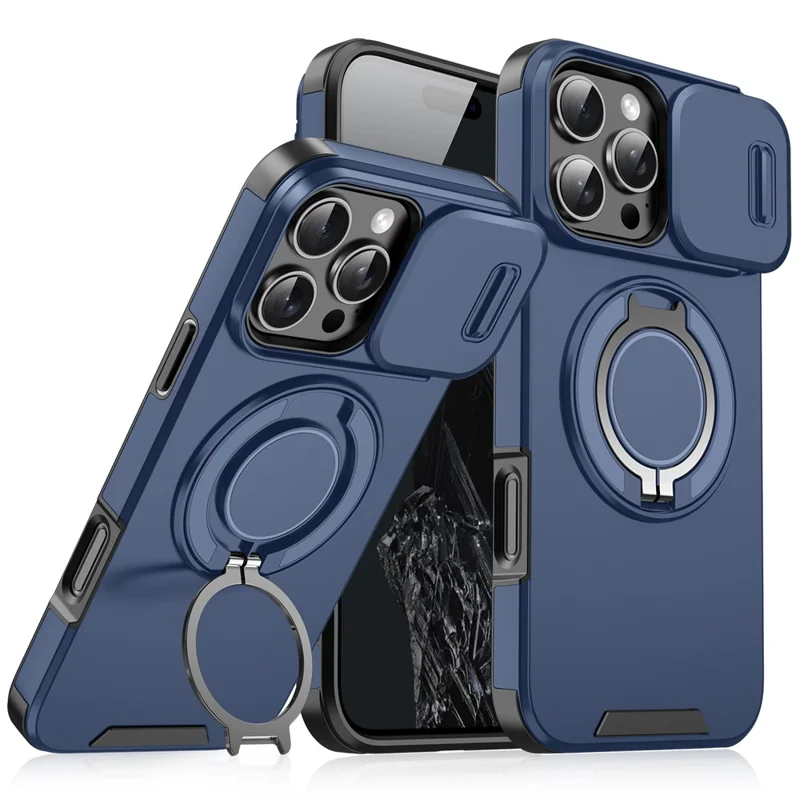 For iPhone 16 Pro Max Magnetic Case Kickstand TPU+PC Phone Case with Camera Lens Slide Cover - Blue