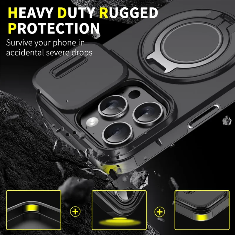 For iPhone 16 Pro Max Magnetic Case Kickstand TPU+PC Phone Case with Camera Lens Slide Cover - Blue