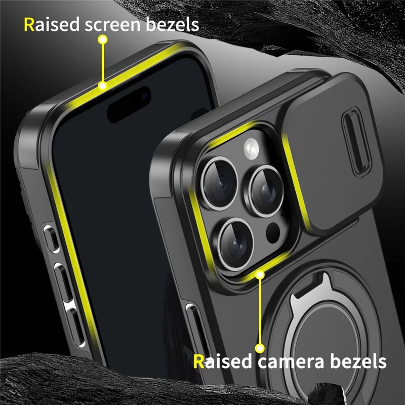 For iPhone 16 Pro Max Magnetic Case Kickstand TPU+PC Phone Case with Camera Lens Slide Cover - Blue