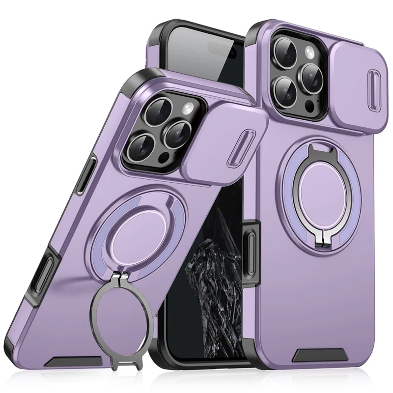 For iPhone 16 Pro Max Magnetic Case Kickstand TPU+PC Phone Case with Camera Lens Slide Cover - Purple